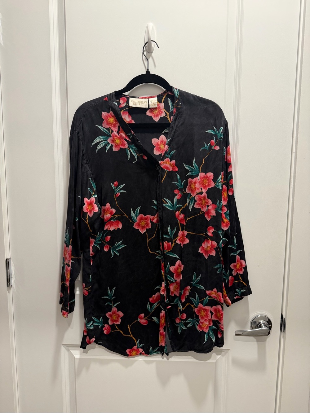 Victoria's Secret Black Button-Down Silk Sleep Dress with Pink Floral Print